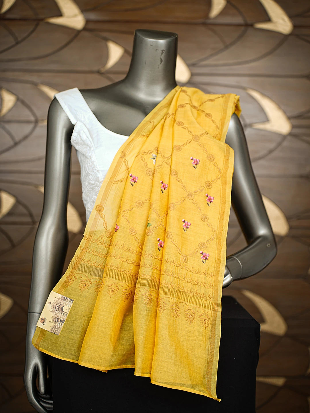Ada Hand Embroidered Floral Printed Yellow Chanderi Lucknowi Chikankari Dupatta 01A836057