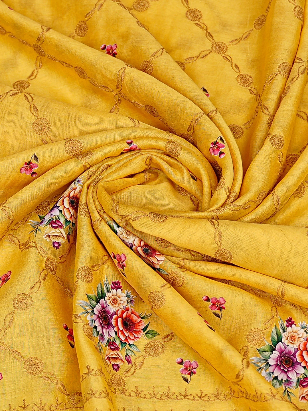 Ada Hand Embroidered Floral Printed Yellow Chanderi Lucknowi Chikankari Dupatta 01A836057