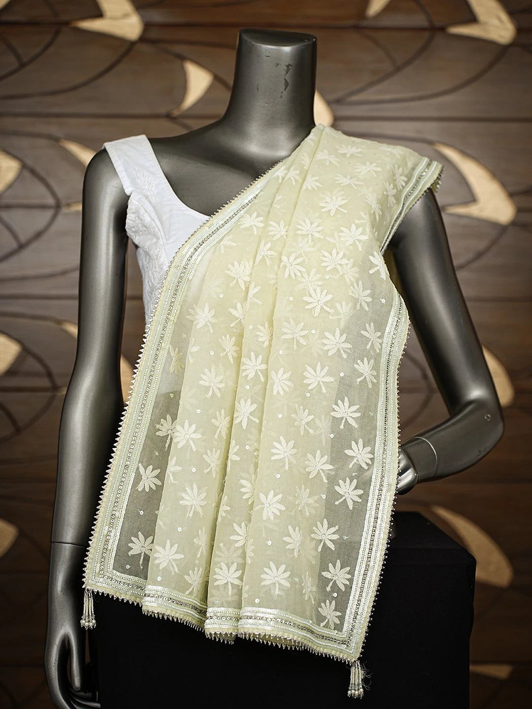 Ada Hand Embroidered Pista Green Organza Lucknowi Chikankari Dupatta With Pearl Work 01A206020