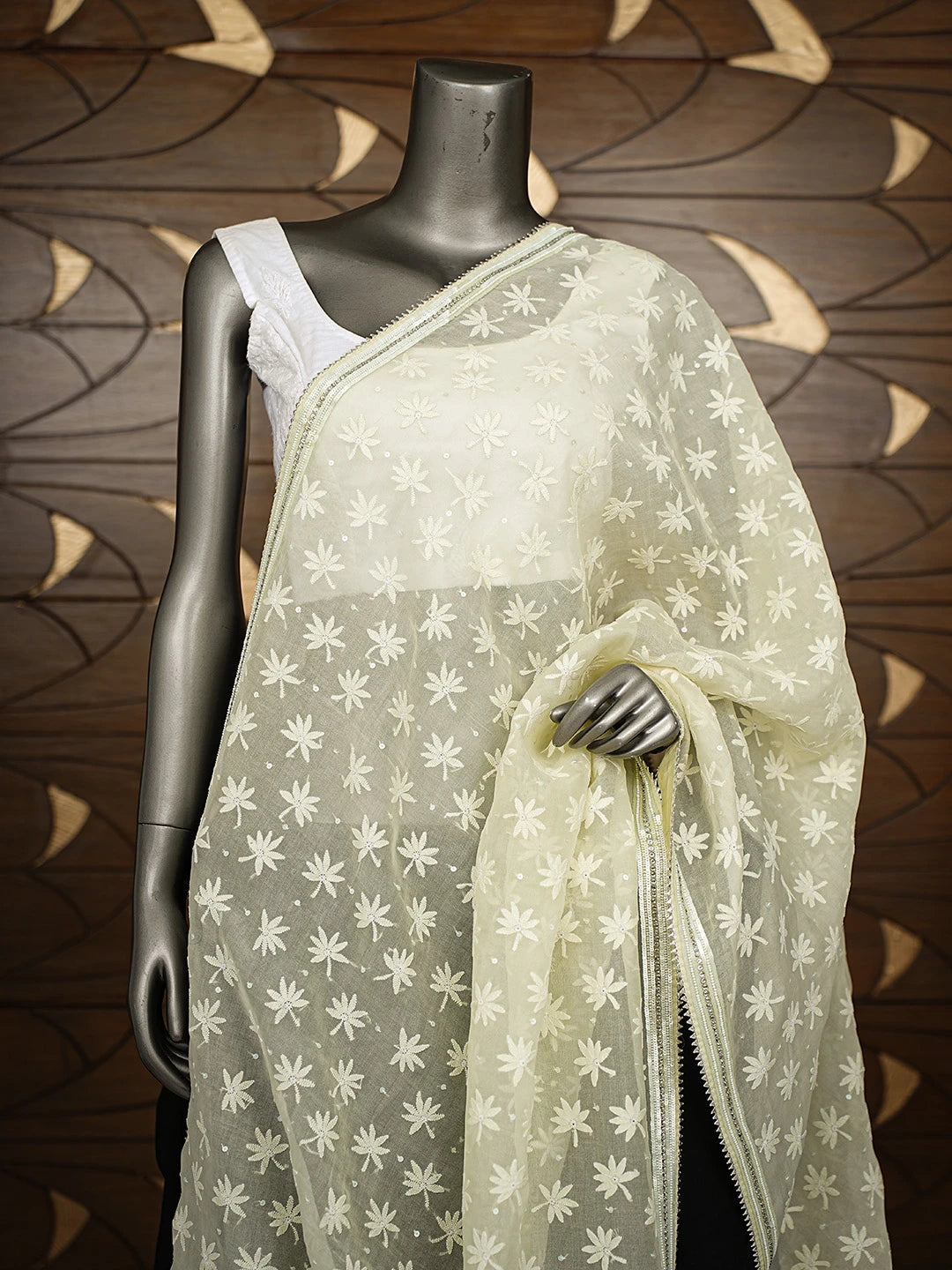 Ada Hand Embroidered Pista Green Organza Lucknowi Chikankari Dupatta With Pearl Work 01A206020