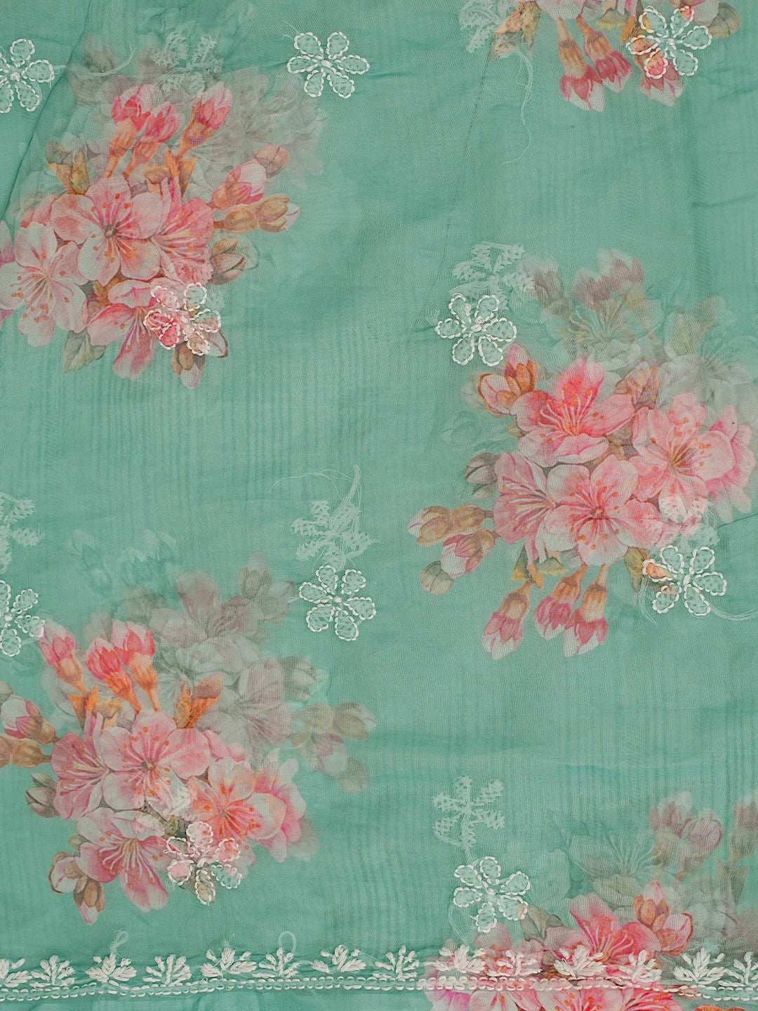 Ada Hand Embroidered Hooker's Green Floral Printed Organza Lucknowi Chikankari Unstitched Kurta Dupatta Set 01A876551