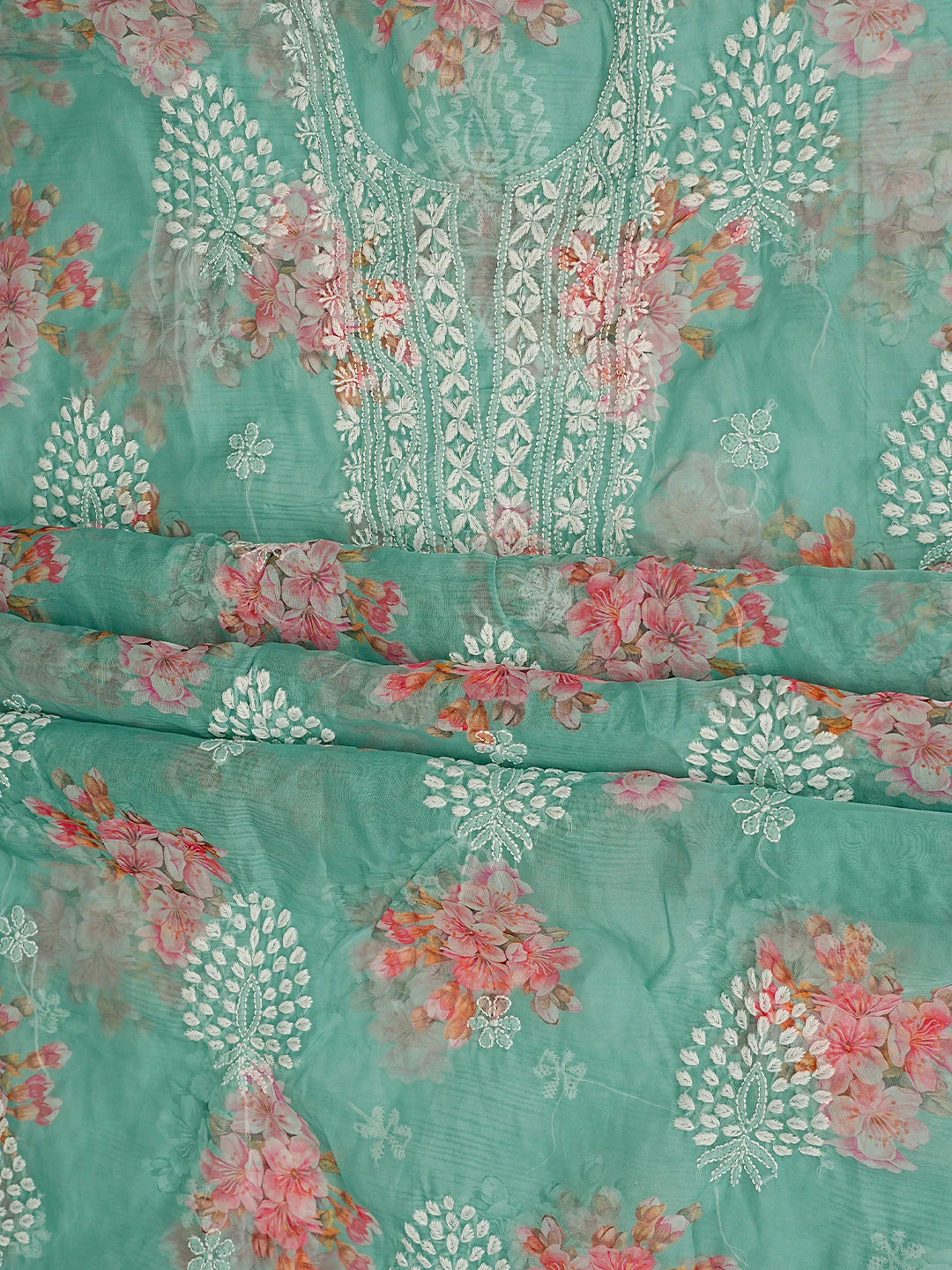 Ada Hand Embroidered Hooker's Green Floral Printed Organza Lucknowi Chikankari Unstitched Kurta Dupatta Set 01A876551