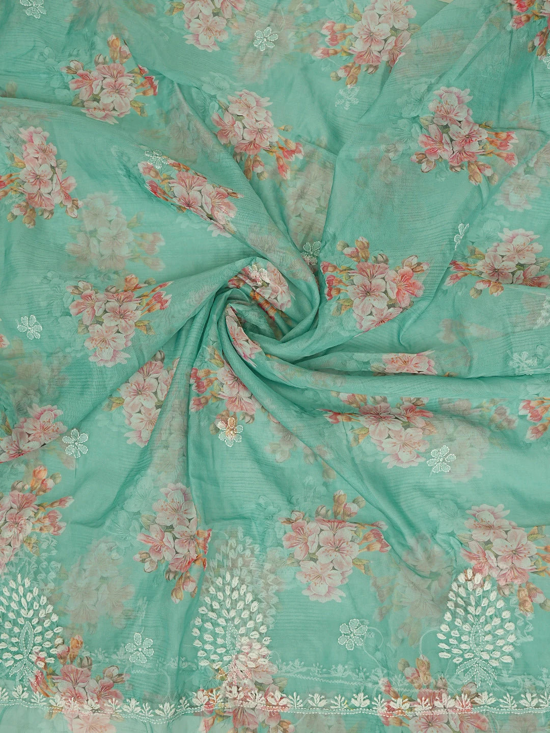 Ada Hand Embroidered Hooker's Green Floral Printed Organza Lucknowi Chikankari Unstitched Kurta Dupatta Set 01A876551