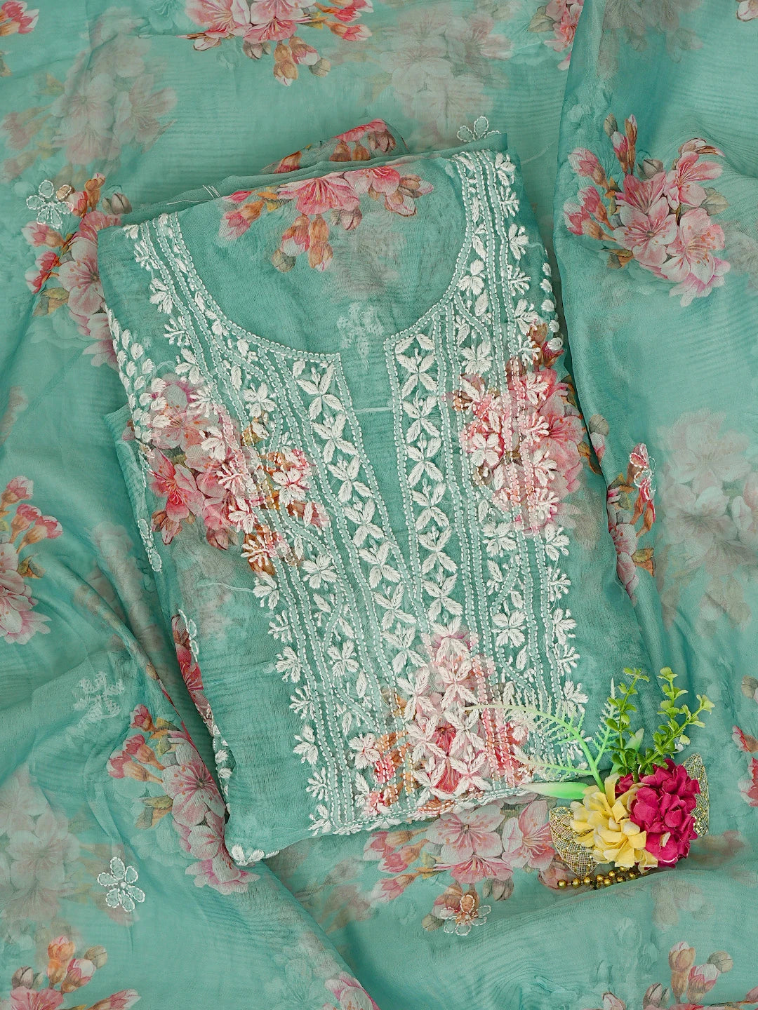 Ada Hand Embroidered Hooker's Green Floral Printed Organza Lucknowi Chikankari Unstitched Kurta Dupatta Set 01A876551