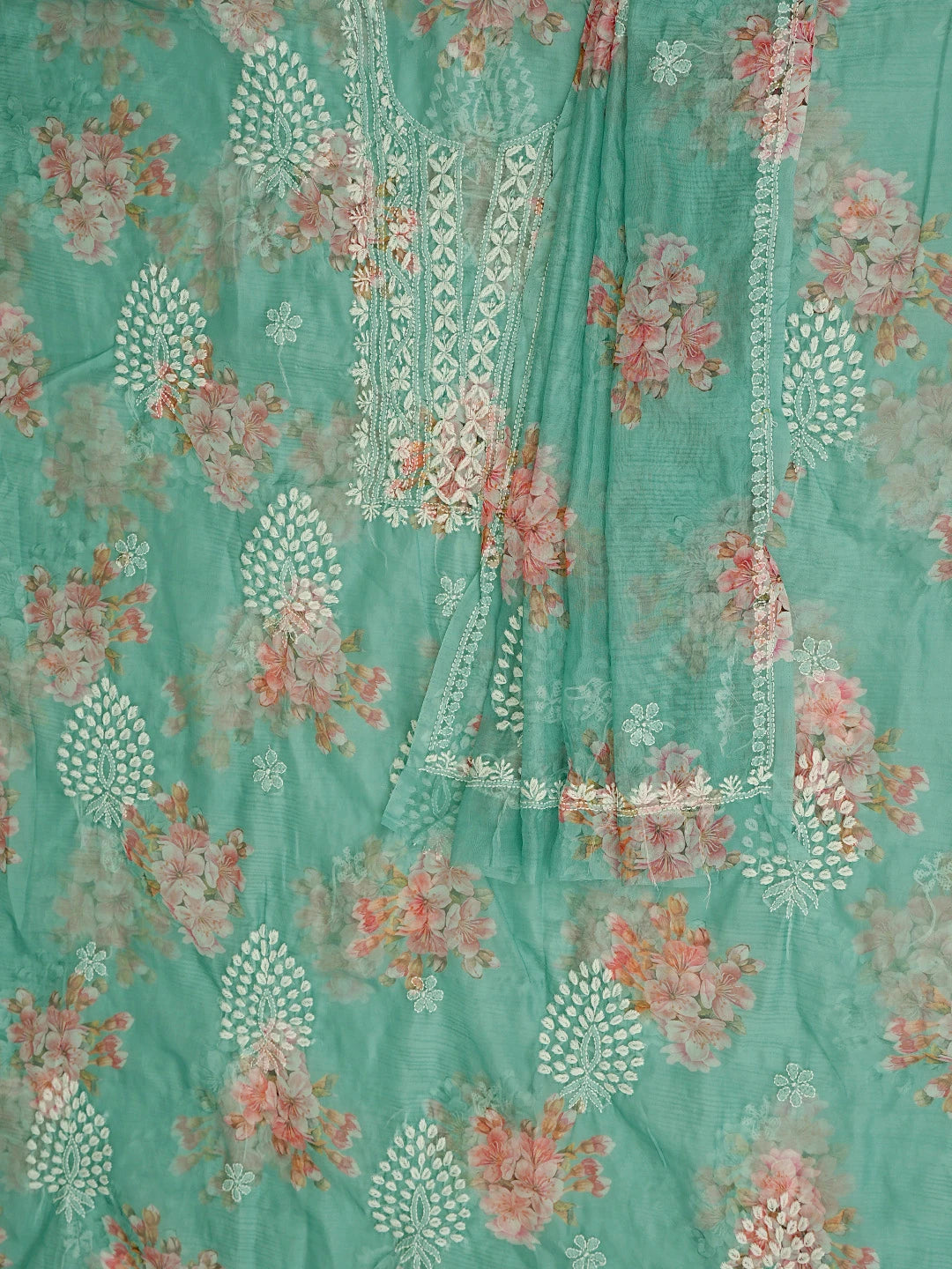 Ada Hand Embroidered Hooker's Green Floral Printed Organza Lucknowi Chikankari Unstitched Kurta Dupatta Set 01A876551