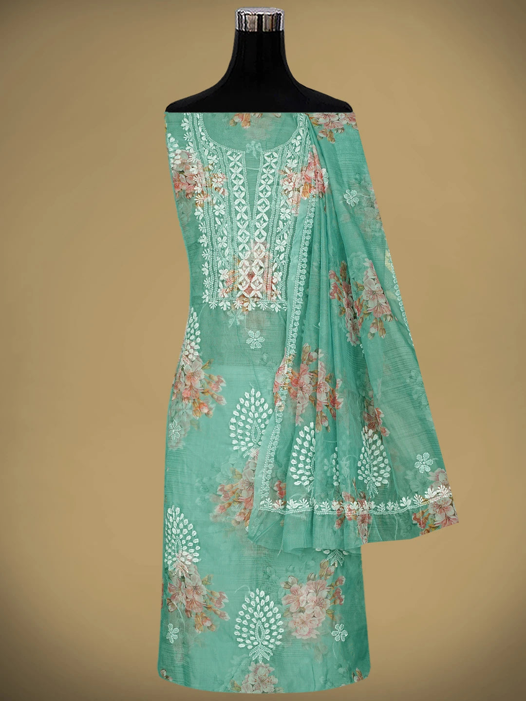 Ada Hand Embroidered Hooker's Green Floral Printed Organza Lucknowi Chikankari Unstitched Kurta Dupatta Set 01A876551