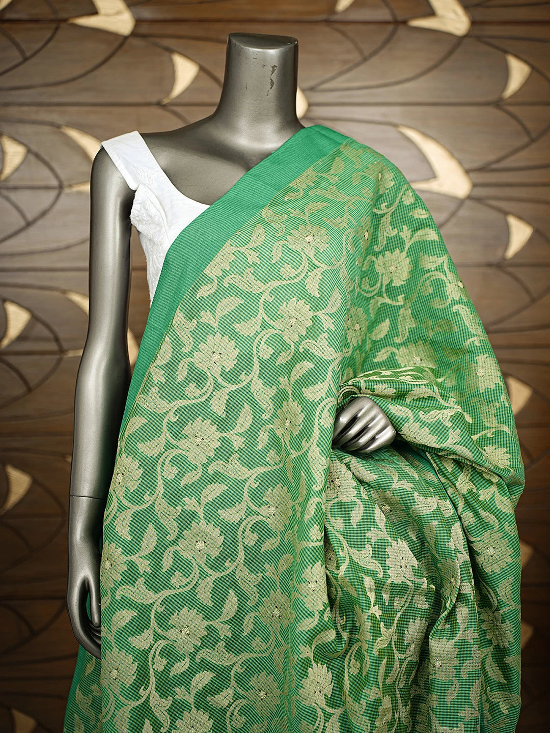 Ada Hand Embroidered Green Cotton Lucknowi Chikankari Dupatta With Muqaish Work 01A795656