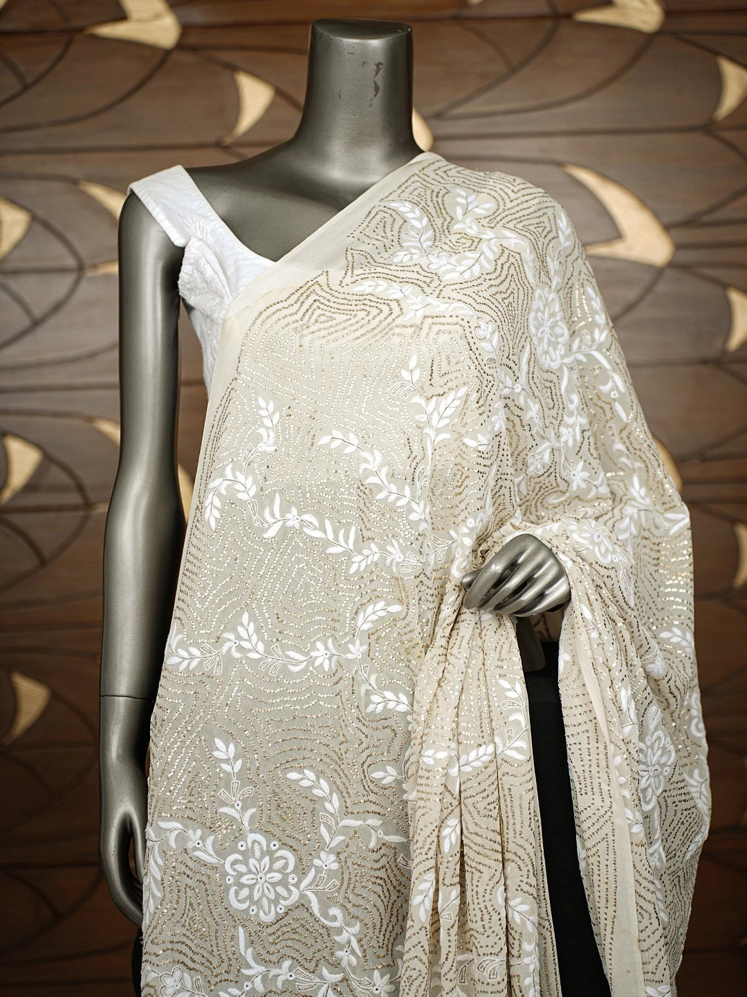 Ada Hand Embroidered Off White Pure Georgette Lucknowi Chikankari Dupatta With  Muqaish/Mukaish Work 01A889822