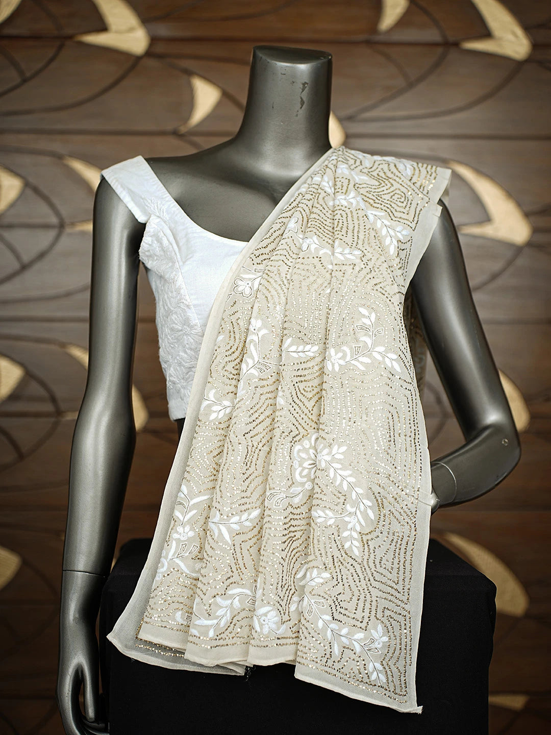 Ada Hand Embroidered Off White Pure Georgette Lucknowi Chikankari Dupatta With  Muqaish/Mukaish Work 01A889822