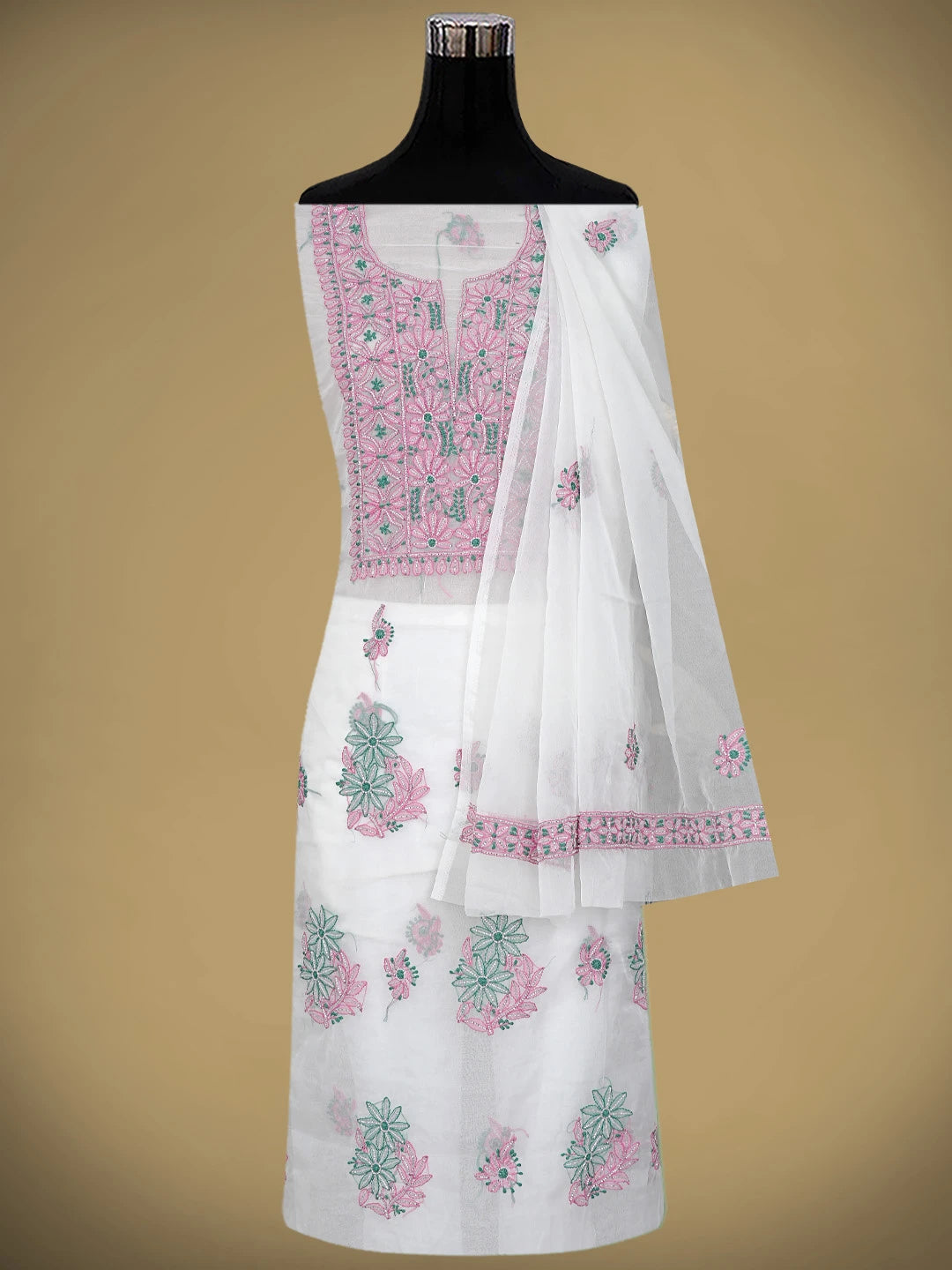 Ada Hand Embroidered White Baby Powder Organza Lucknowi Chikankari Unstitched Kurta Dupatta Set With Cutdana Work 01A877741