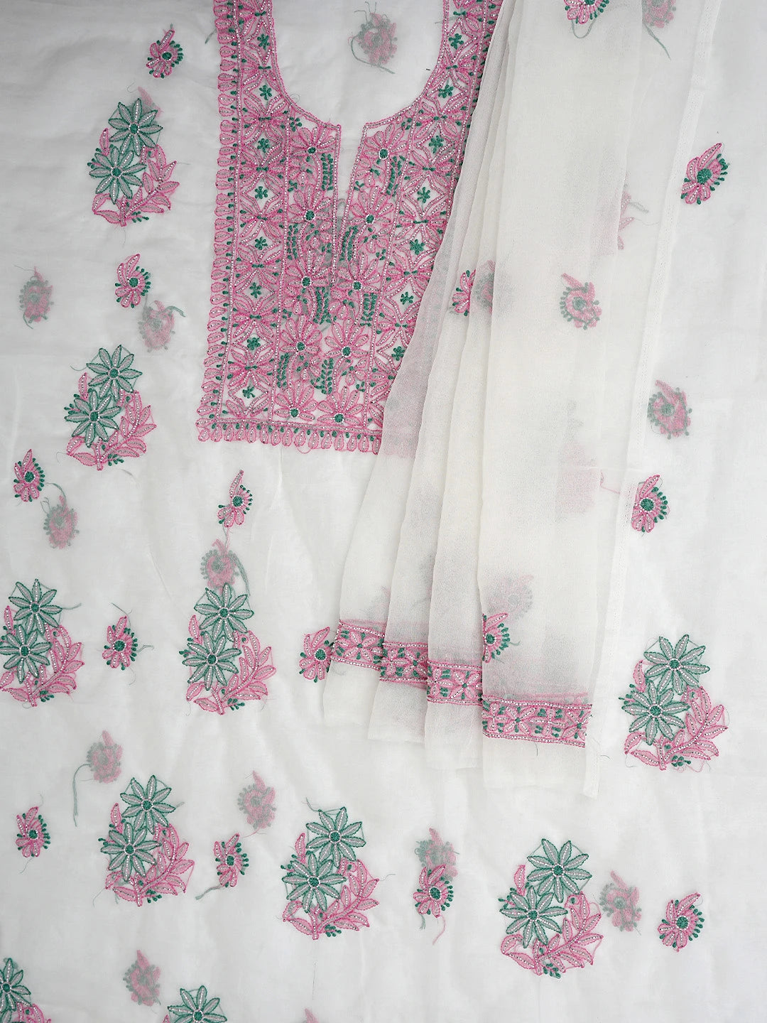 Ada Hand Embroidered White Baby Powder Organza Lucknowi Chikankari Unstitched Kurta Dupatta Set With Cutdana Work 01A877741