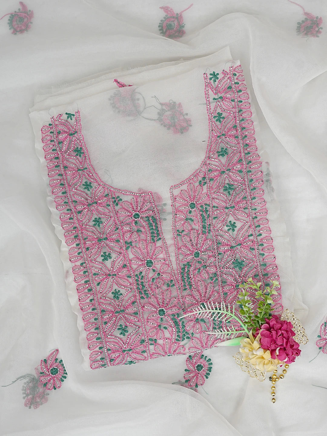 Ada Hand Embroidered White Baby Powder Organza Lucknowi Chikankari Unstitched Kurta Dupatta Set With Cutdana Work 01A877741