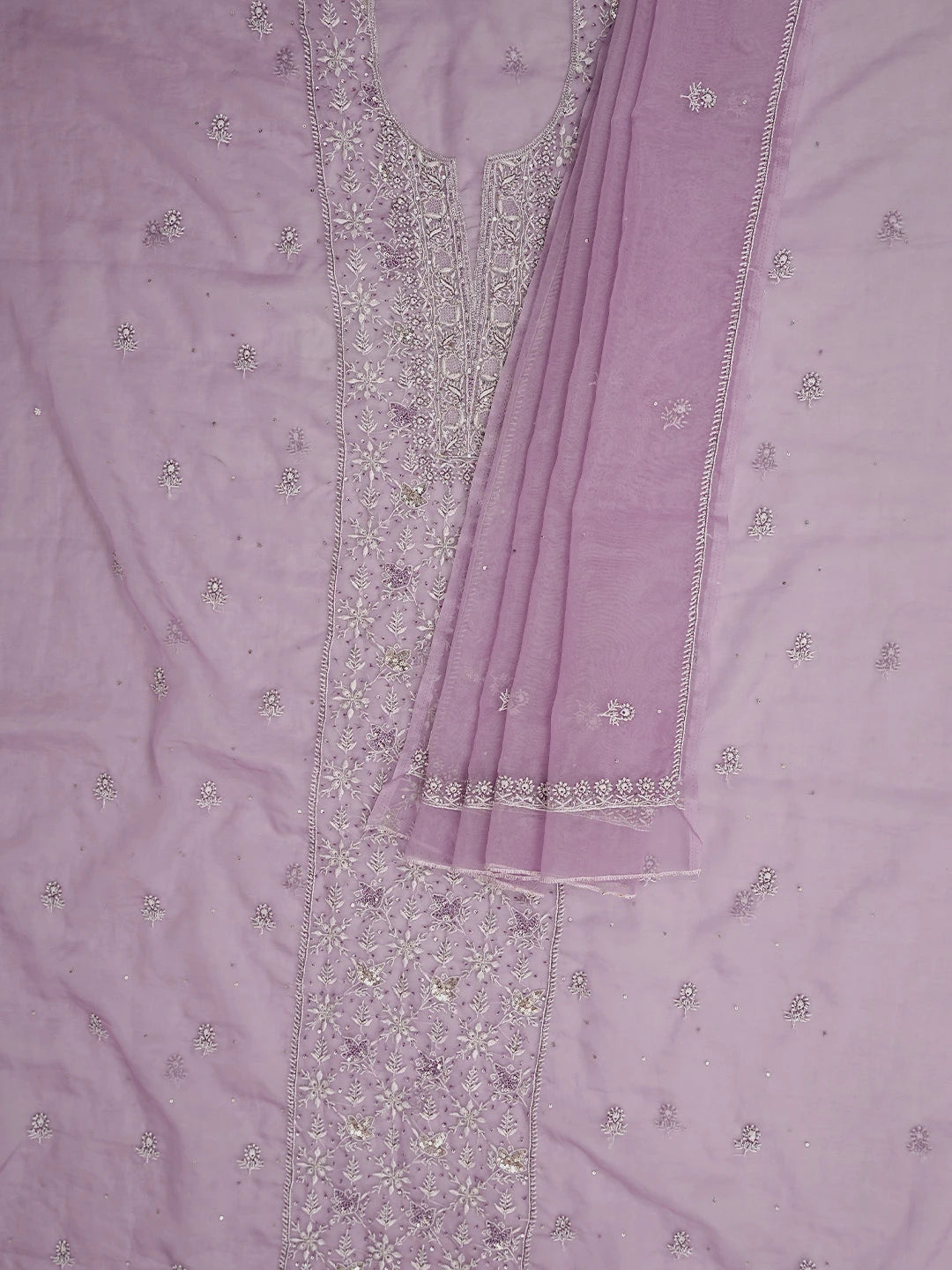 Ada Hand Embroidered Opera Mauve Organza Lucknowi Chikankari Unstitched Kurta Dupatta Set With Cutdana Work 01A621876