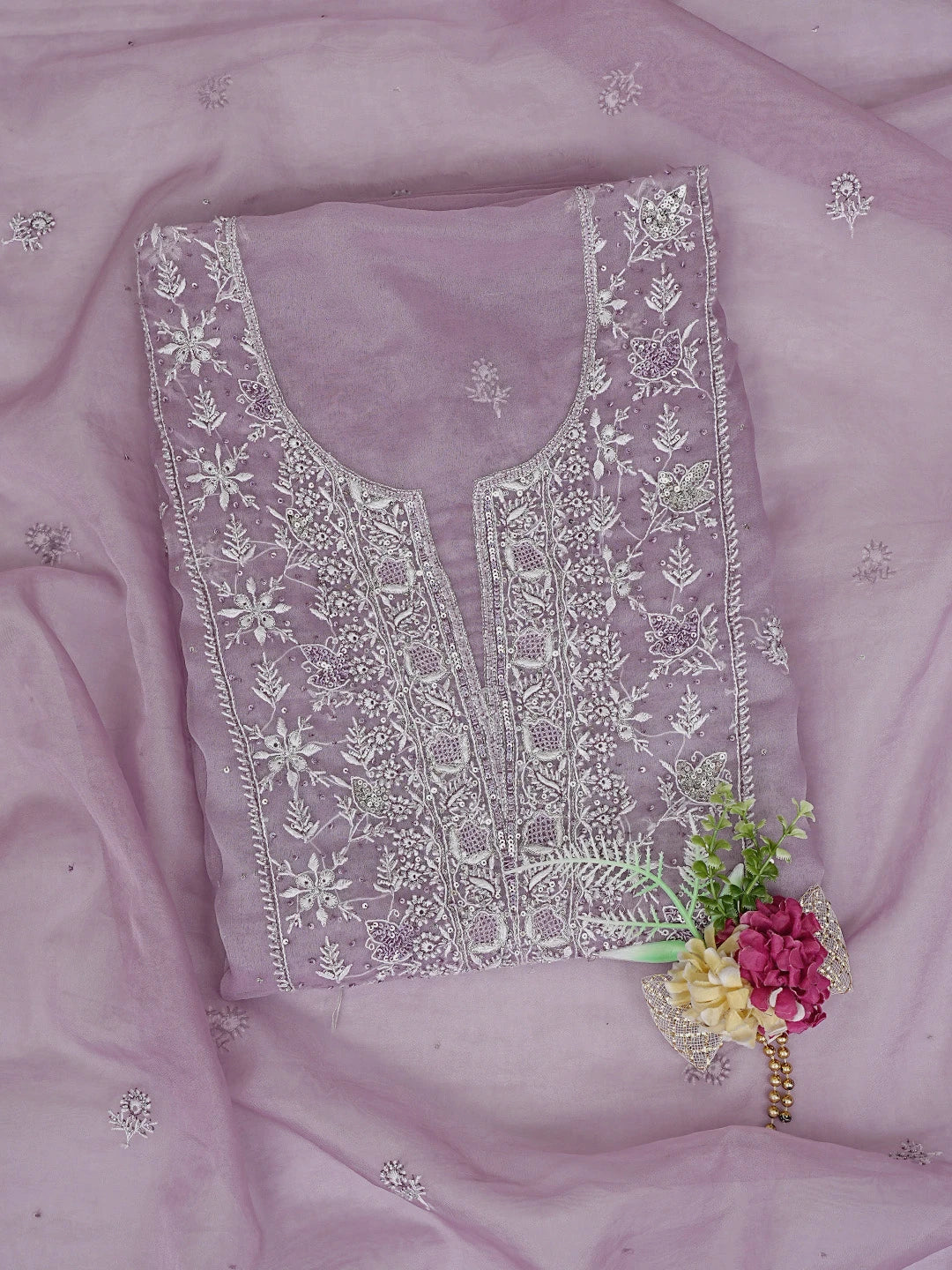 Ada Hand Embroidered Opera Mauve Organza Lucknowi Chikankari Unstitched Kurta Dupatta Set With Cutdana Work 01A621876