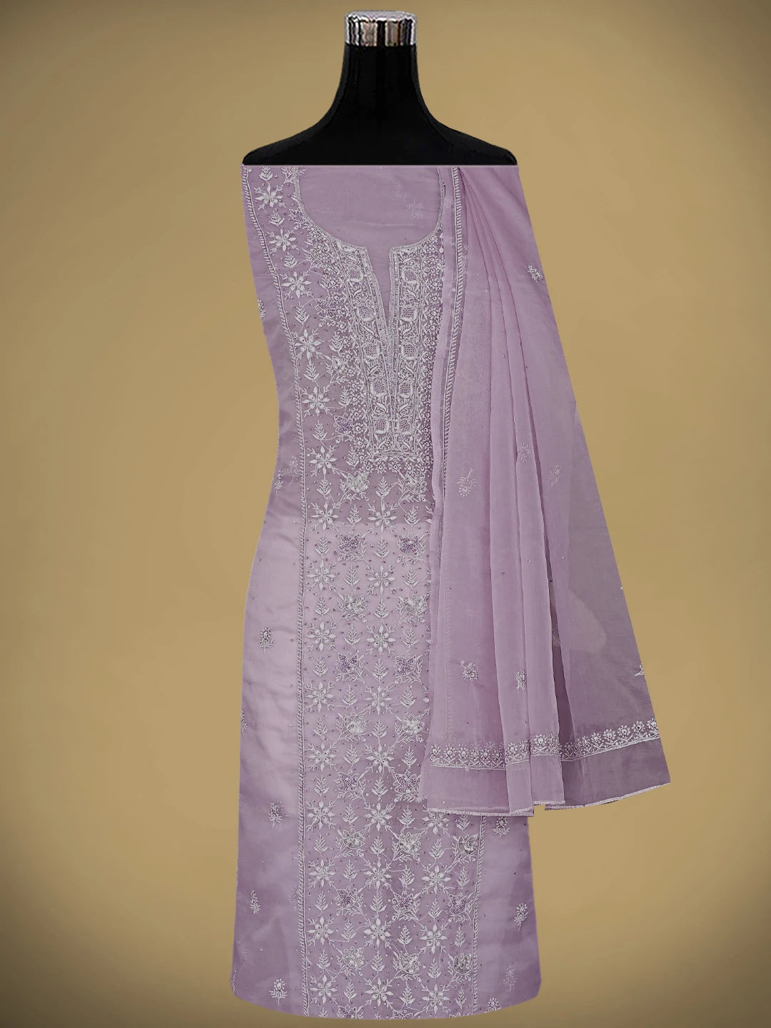 Ada Hand Embroidered Opera Mauve Organza Lucknowi Chikankari Unstitched Kurta Dupatta Set With Cutdana Work 01A621876