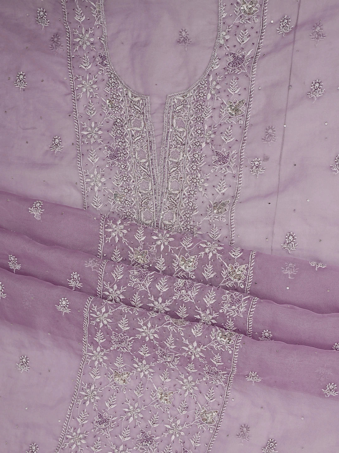Ada Hand Embroidered Opera Mauve Organza Lucknowi Chikankari Unstitched Kurta Dupatta Set With Cutdana Work 01A621876
