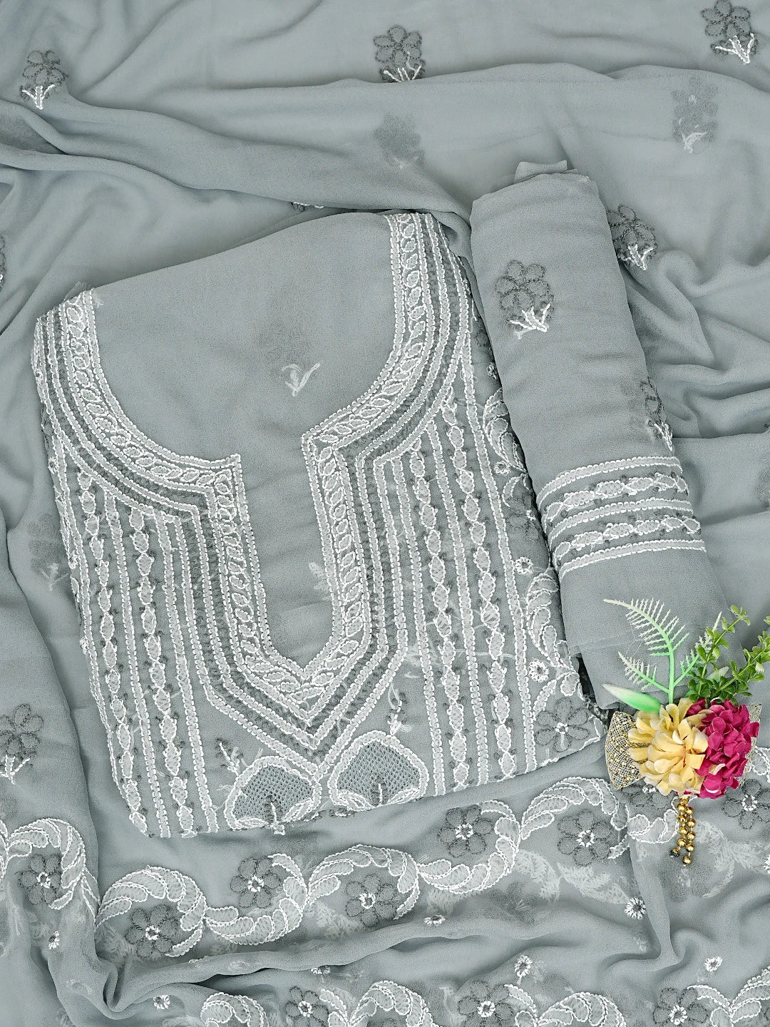 Ada Hand Embroidered Grey Georgette Lucknowi Chikankari Unstitched Suit Piece 01A867503