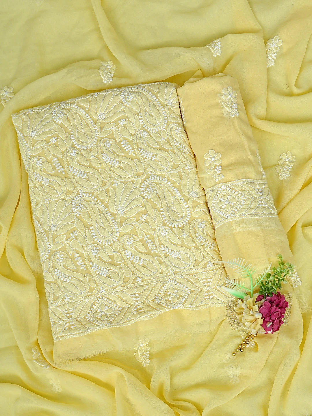 Ada Hand Embroidered Yellow Georgette Lucknowi Chikankari Unstitched Suit Piece 01A867787
