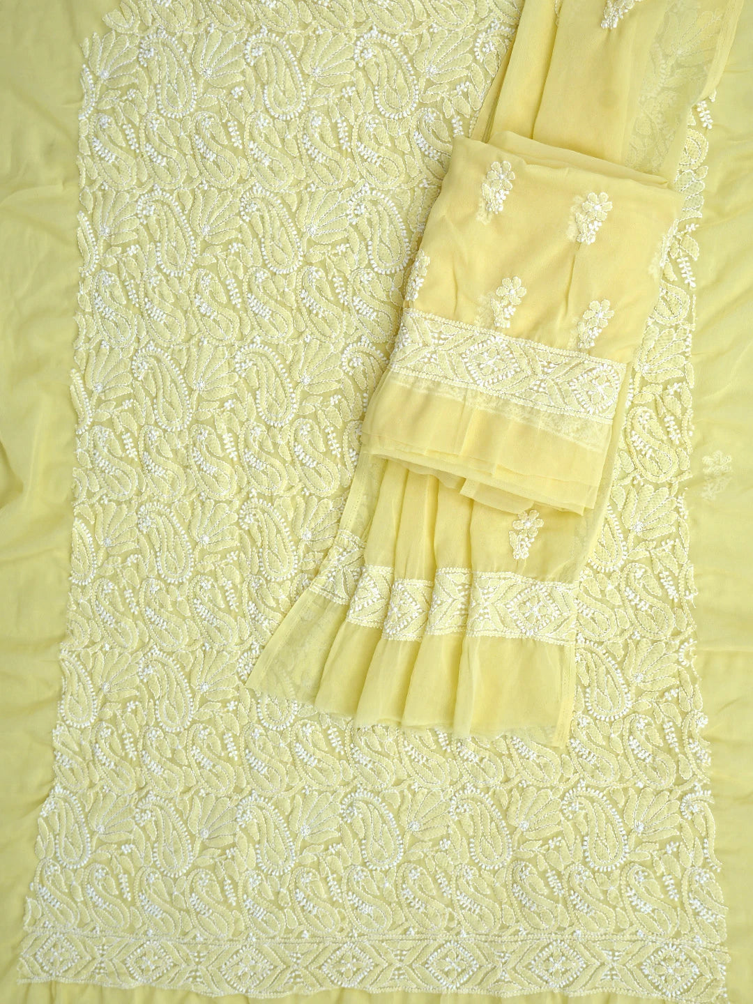 Ada Hand Embroidered Yellow Georgette Lucknowi Chikankari Unstitched Suit Piece 01A867787