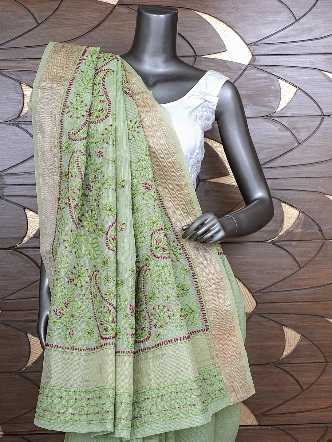 Ada Hand Embroidered Pistachio Green Chanderi Lucknowi Chikankari Saree With Blouse 01A884492