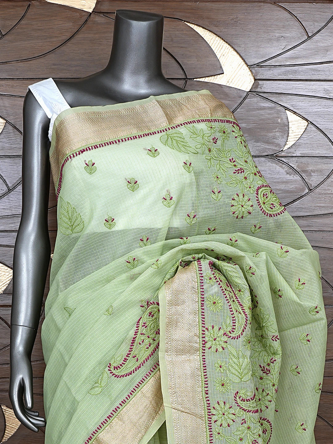 Ada Hand Embroidered Pistachio Green Chanderi Lucknowi Chikankari Saree With Blouse 01A884492