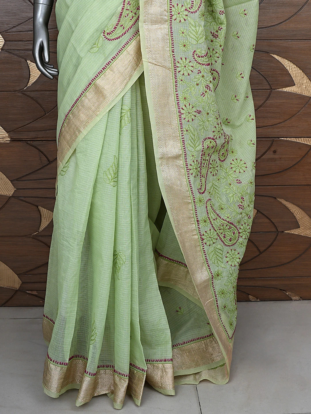 Ada Hand Embroidered Pistachio Green Chanderi Lucknowi Chikankari Saree With Blouse 01A884492