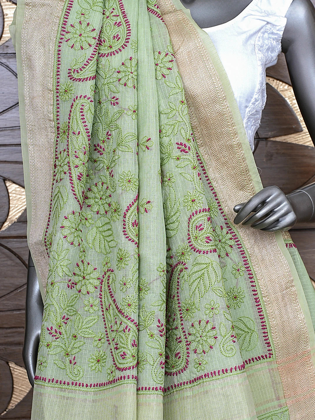 Ada Hand Embroidered Pistachio Green Chanderi Lucknowi Chikankari Saree With Blouse 01A884492
