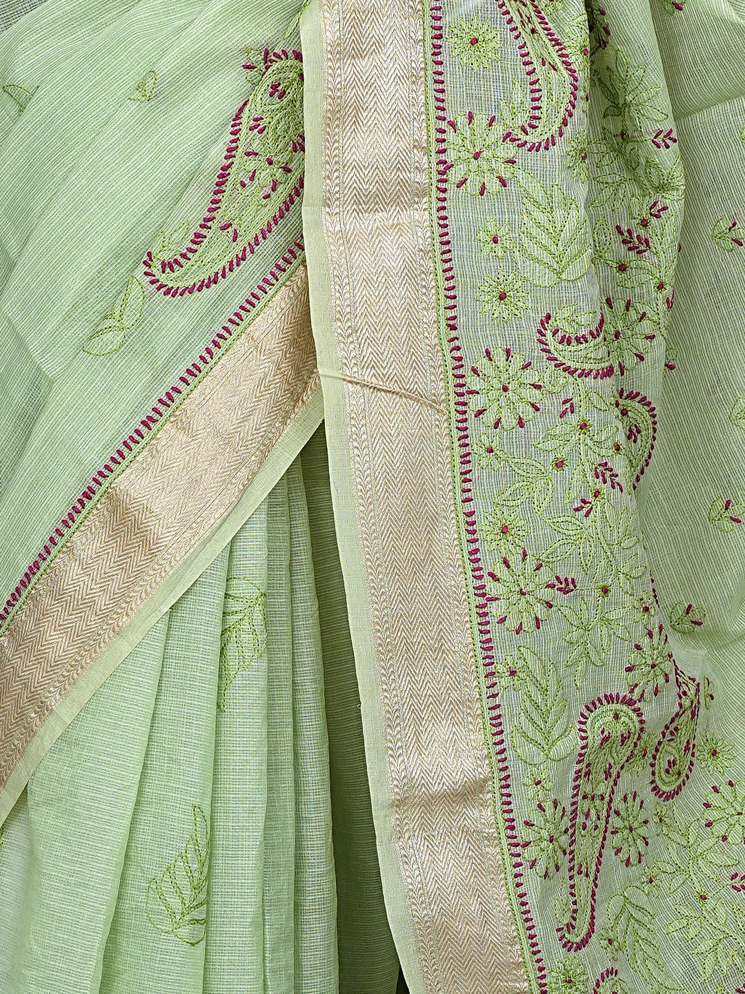 Ada Hand Embroidered Pistachio Green Chanderi Lucknowi Chikankari Saree With Blouse 01A884492
