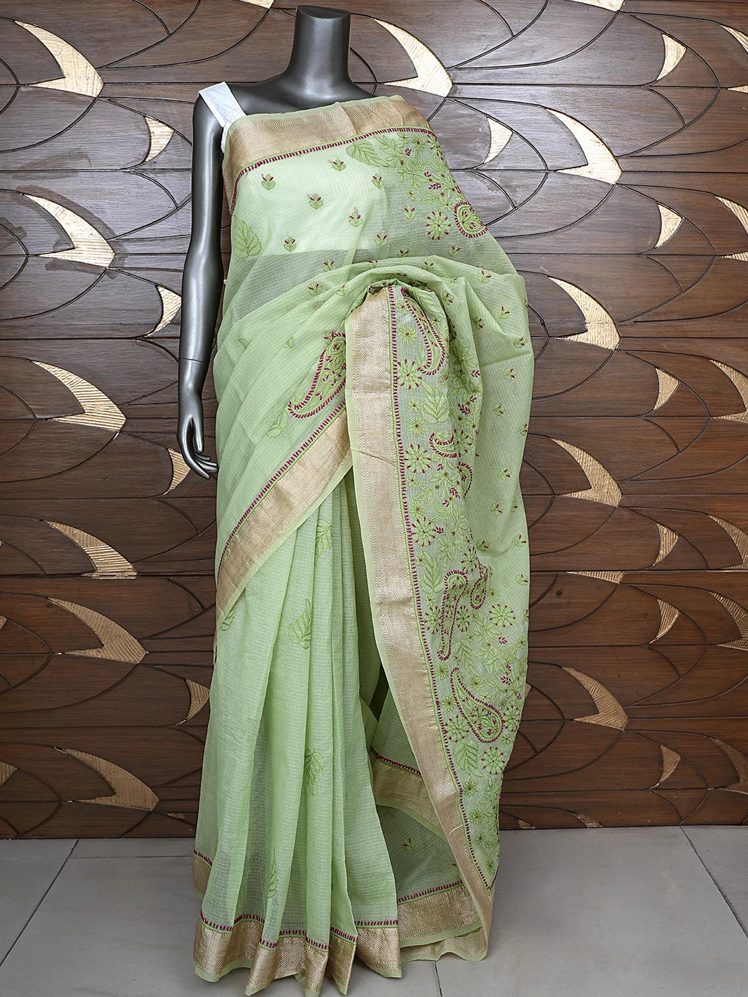 Ada Hand Embroidered Pistachio Green Chanderi Lucknowi Chikankari Saree With Blouse 01A884492