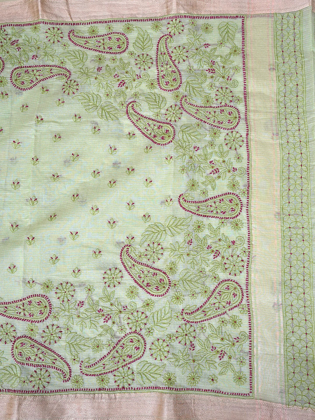 Ada Hand Embroidered Pistachio Green Chanderi Lucknowi Chikankari Saree With Blouse 01A884492
