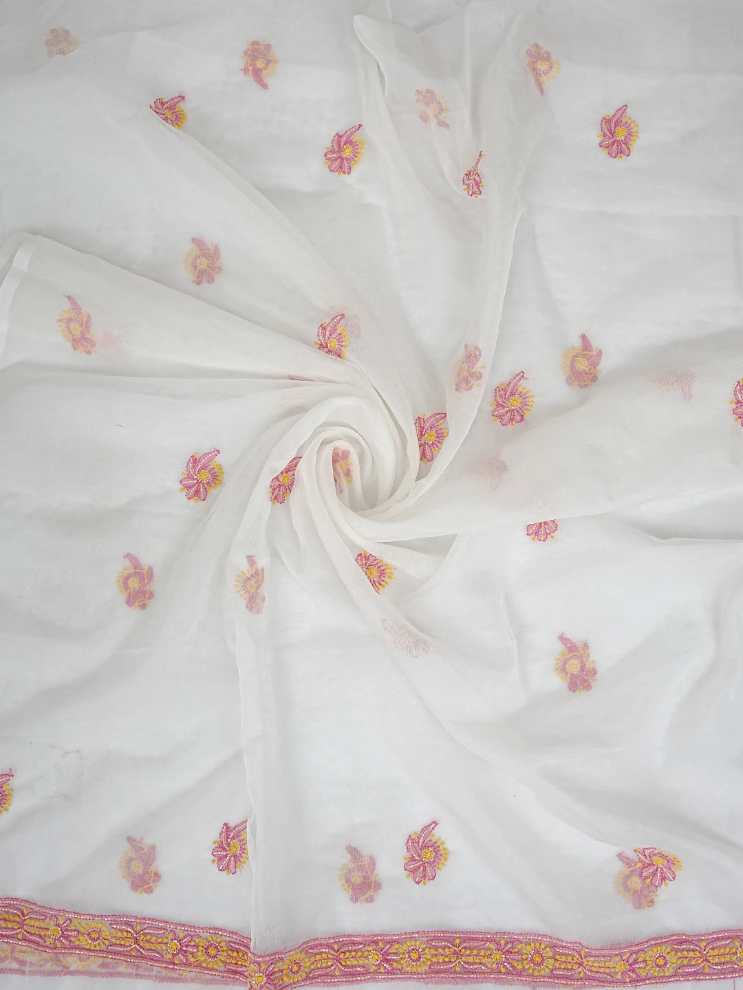 Ada Hand Embroidered White Cosmic Latte Organza Lucknowi Chikankari Unstitched Kurta Dupatta Set With Cutdana Work 01A873061