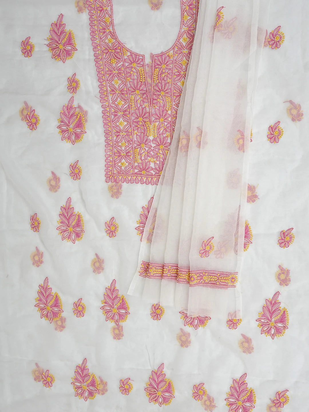 Ada Hand Embroidered White Cosmic Latte Organza Lucknowi Chikankari Unstitched Kurta Dupatta Set With Cutdana Work 01A873061