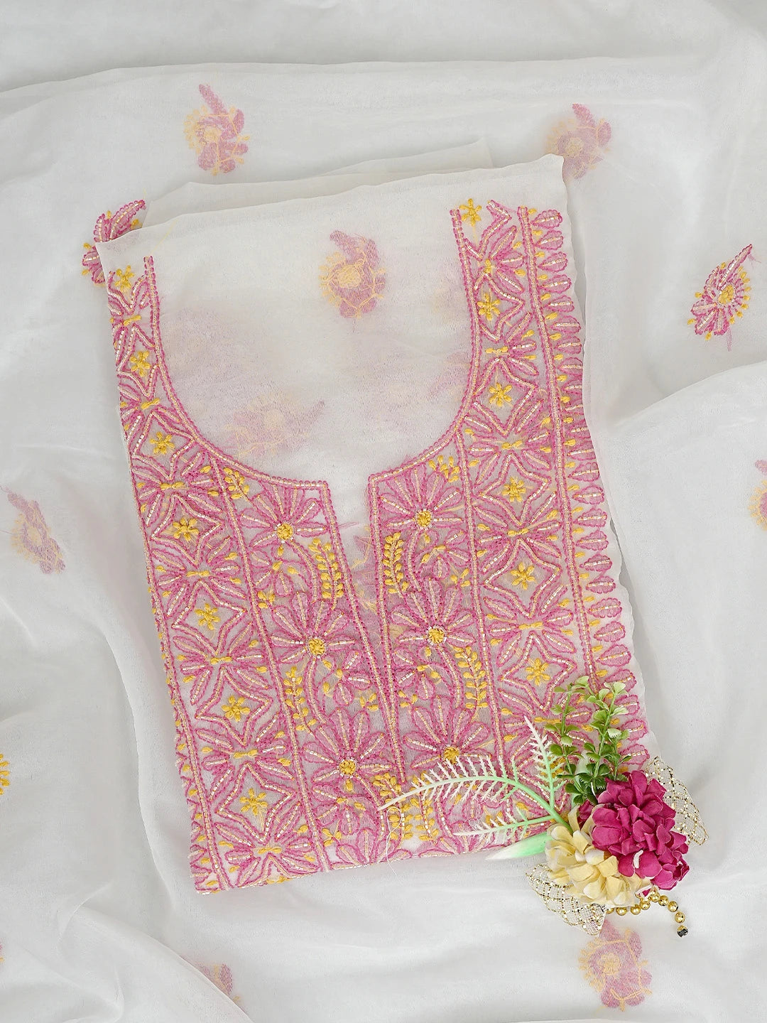 Ada Hand Embroidered White Cosmic Latte Organza Lucknowi Chikankari Unstitched Kurta Dupatta Set With Cutdana Work 01A873061