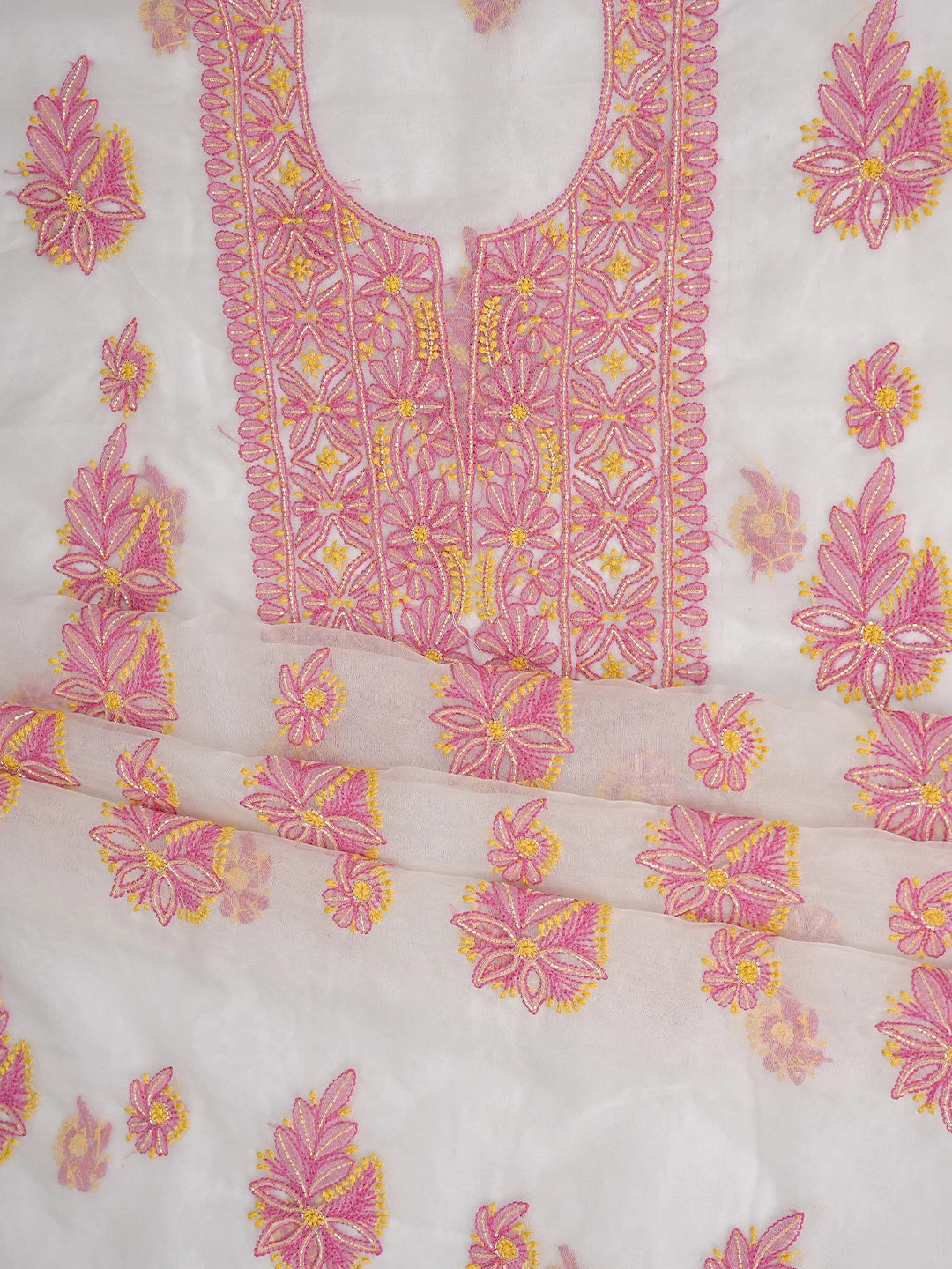 Ada Hand Embroidered White Cosmic Latte Organza Lucknowi Chikankari Unstitched Kurta Dupatta Set With Cutdana Work 01A873061