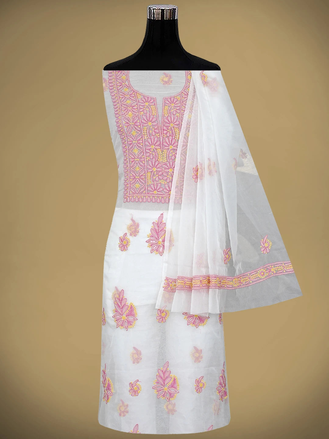 Ada Hand Embroidered White Cosmic Latte Organza Lucknowi Chikankari Unstitched Kurta Dupatta Set With Cutdana Work 01A873061