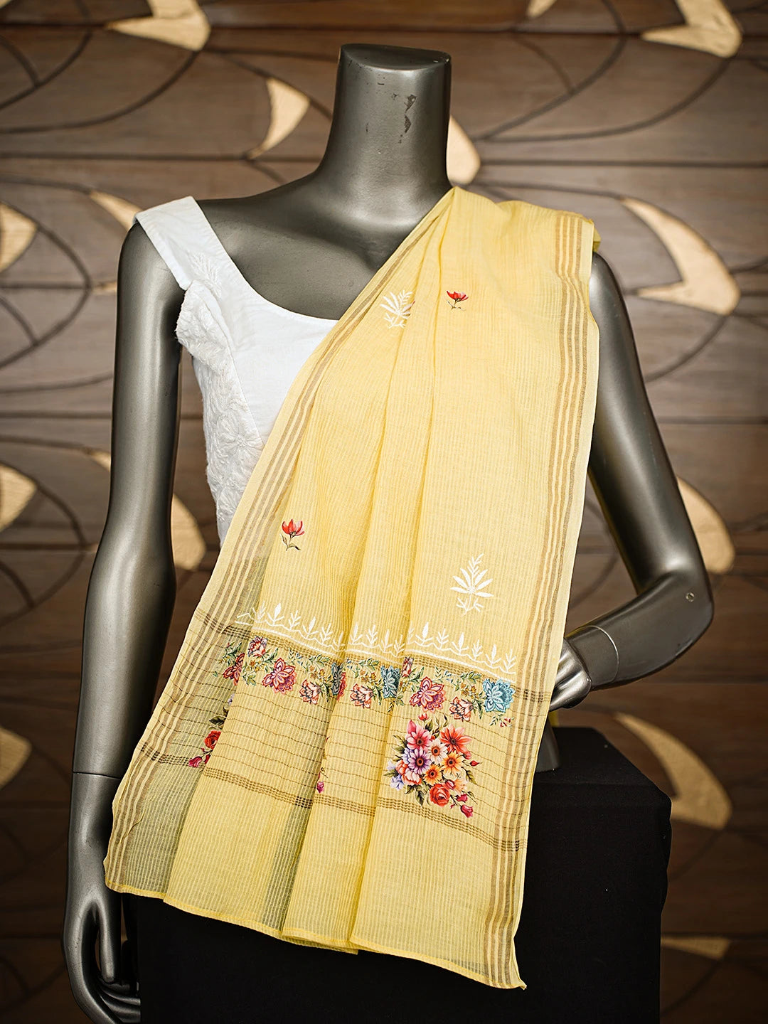 Ada Hand Embroidered Yellow Cotton Floral Printed Lucknowi Chikankari Dupatta 01A630157
