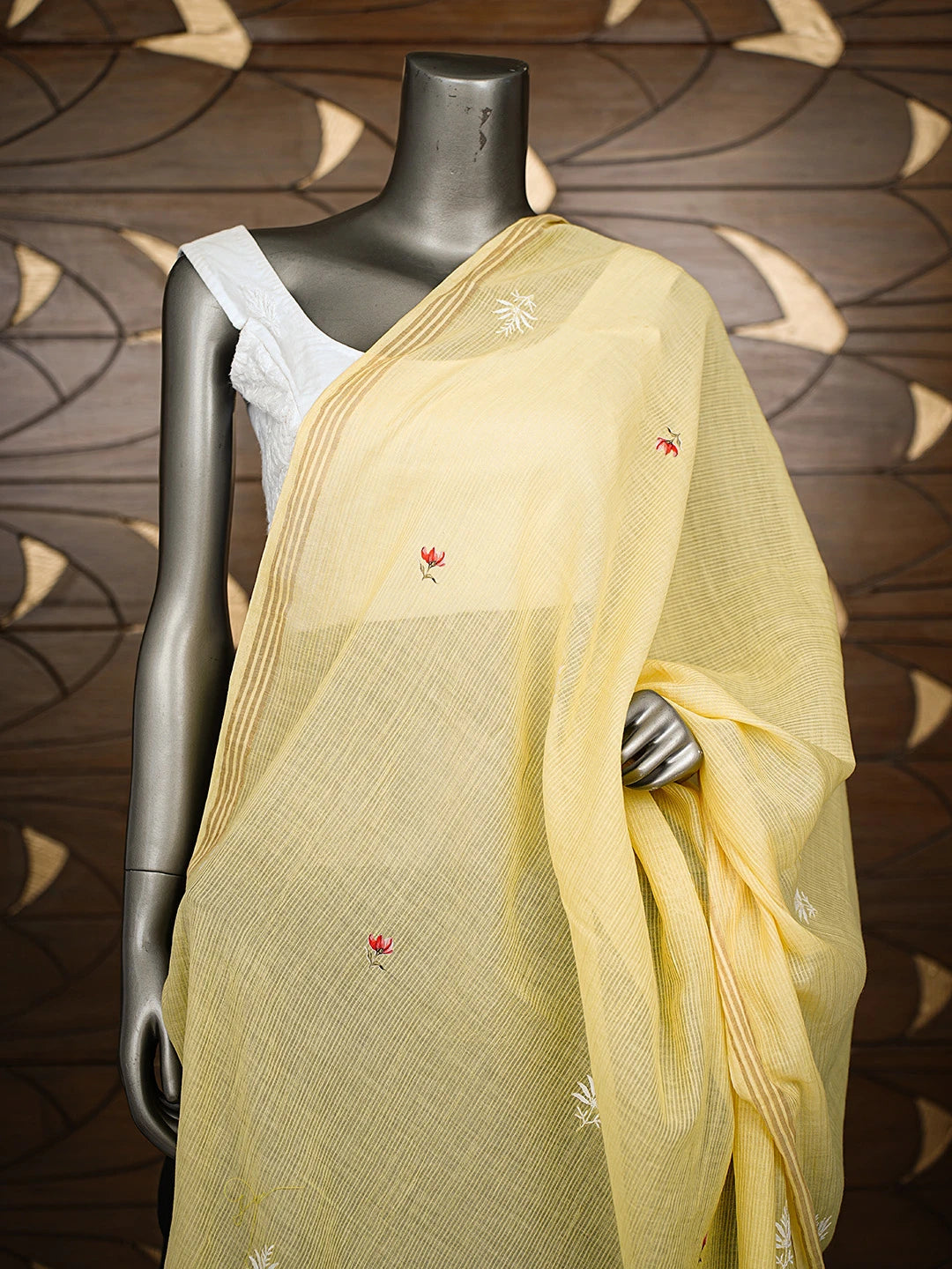 Ada Hand Embroidered Yellow Cotton Floral Printed Lucknowi Chikankari Dupatta 01A630157