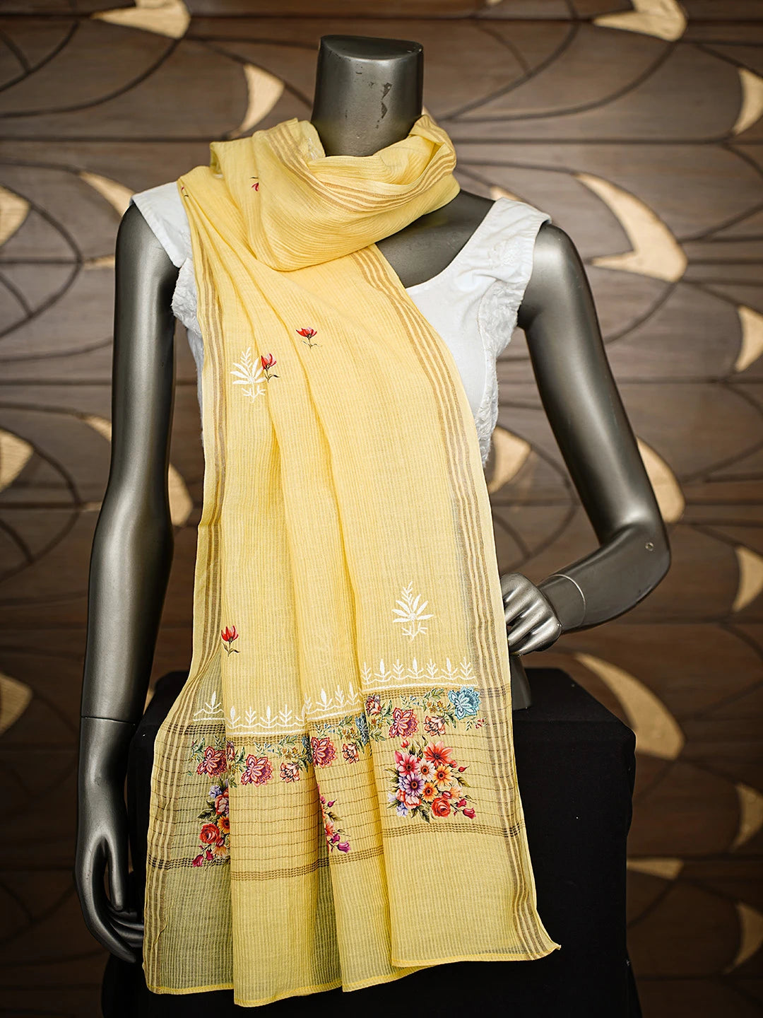 Ada Hand Embroidered Yellow Cotton Floral Printed Lucknowi Chikankari Dupatta 01A630157