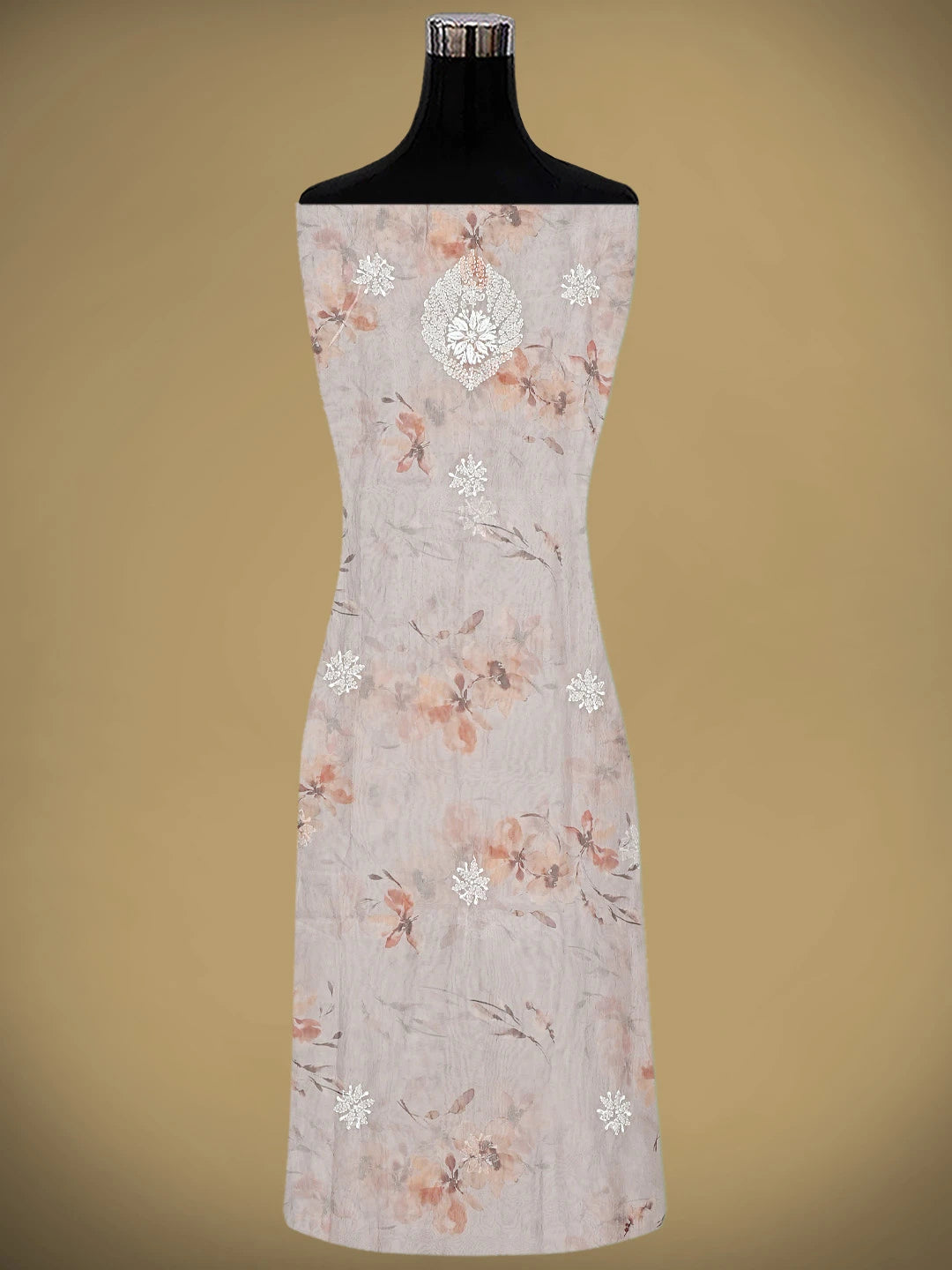 Ada Hand Embroidered Dusty Peach Floral Printed Organza Lucknowi Chikankari Unstitched Kurta Dupatta Set 01A876421