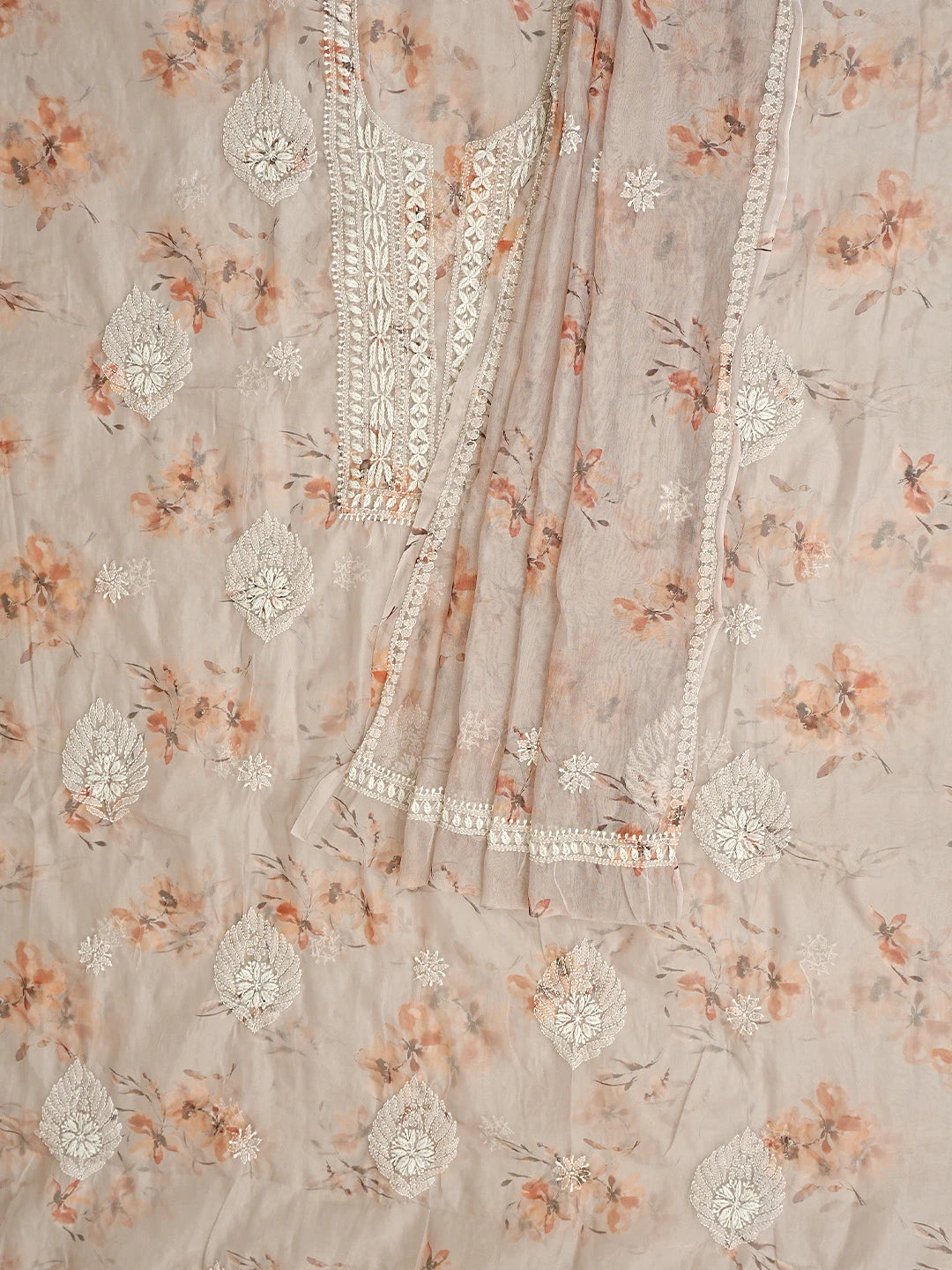Ada Hand Embroidered Dusty Peach Floral Printed Organza Lucknowi Chikankari Unstitched Kurta Dupatta Set 01A876421