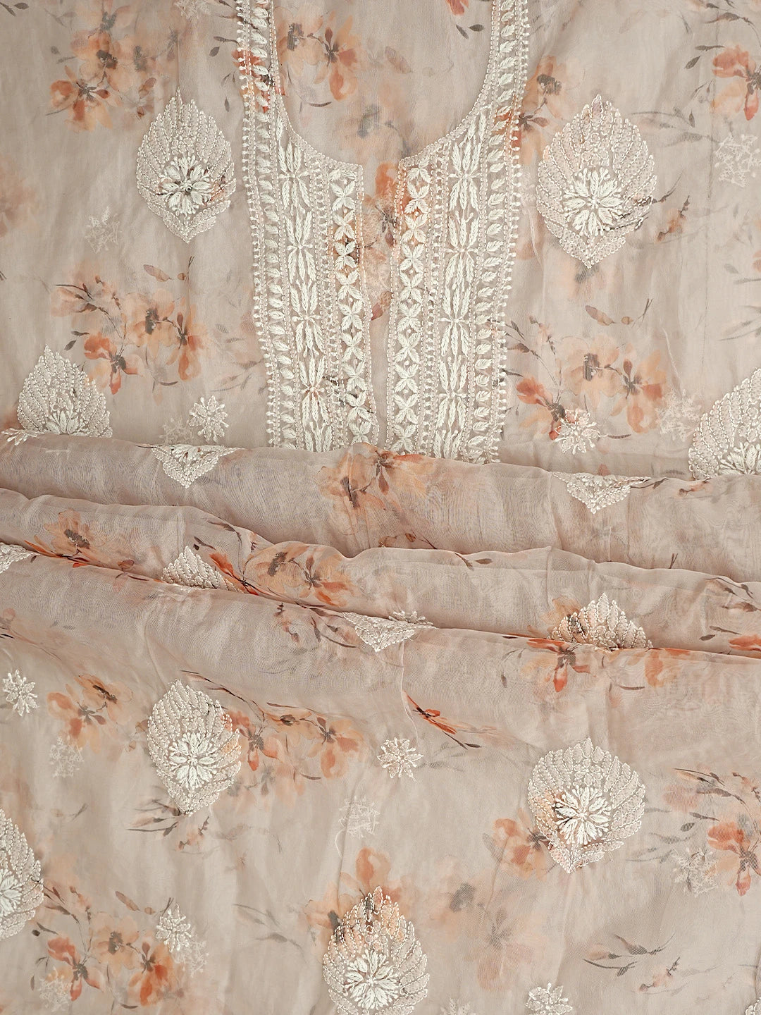 Ada Hand Embroidered Dusty Peach Floral Printed Organza Lucknowi Chikankari Unstitched Kurta Dupatta Set 01A876421