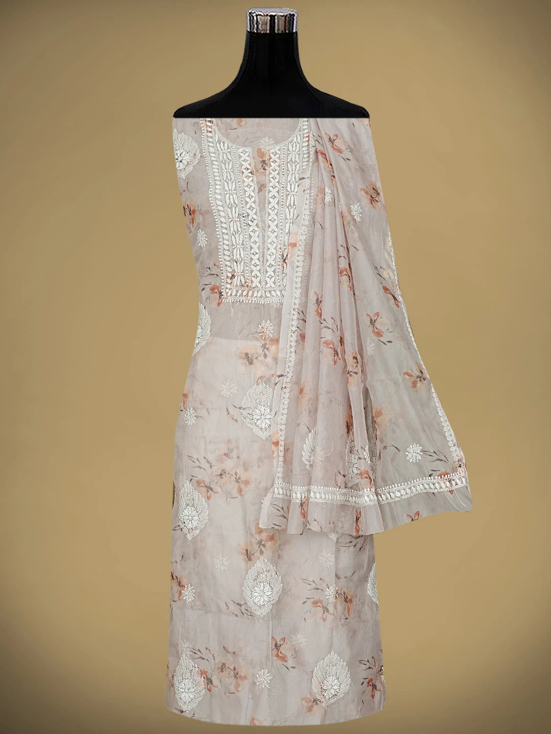 Ada Hand Embroidered Dusty Peach Floral Printed Organza Lucknowi Chikankari Unstitched Kurta Dupatta Set 01A876421