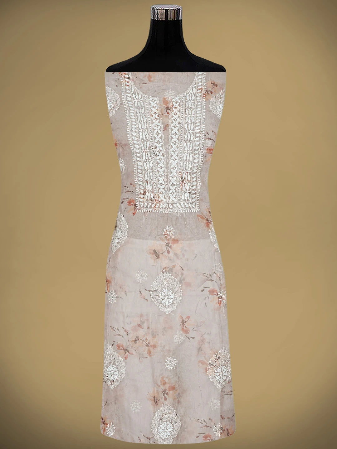 Ada Hand Embroidered Dusty Peach Floral Printed Organza Lucknowi Chikankari Unstitched Kurta Dupatta Set 01A876421