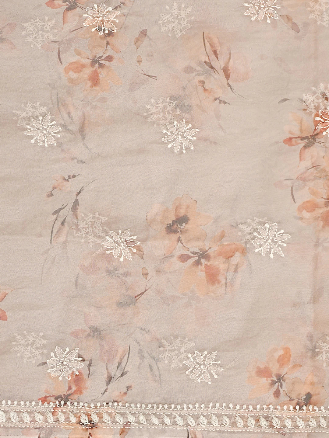 Ada Hand Embroidered Dusty Peach Floral Printed Organza Lucknowi Chikankari Unstitched Kurta Dupatta Set 01A876421