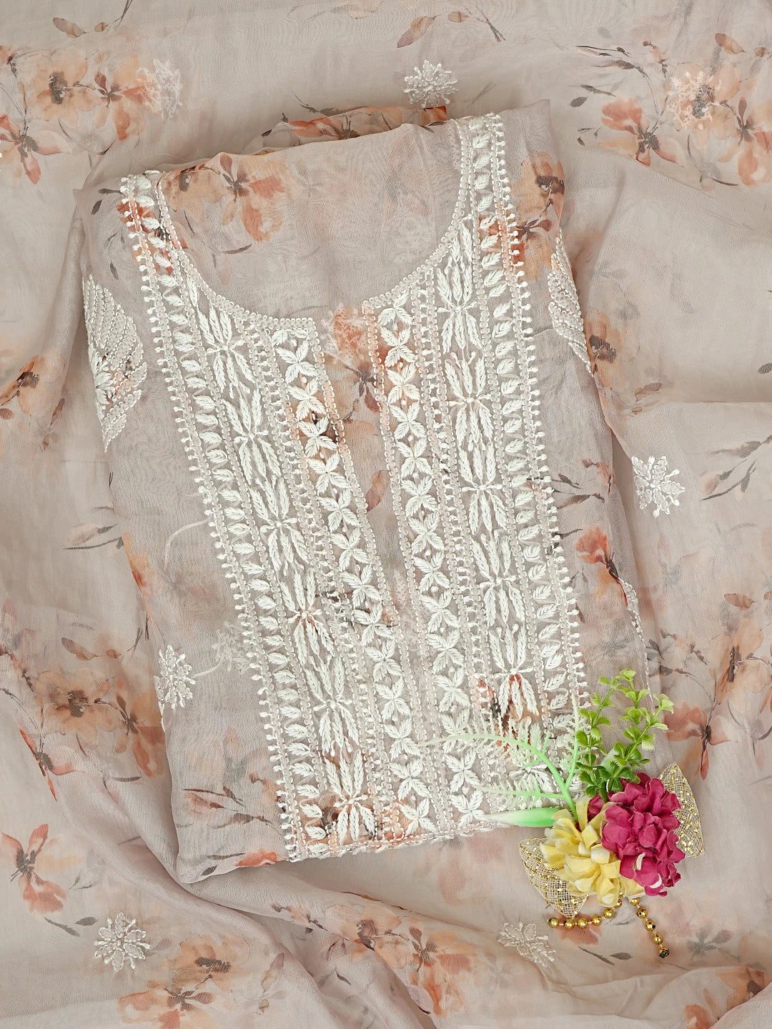 Ada Hand Embroidered Dusty Peach Floral Printed Organza Lucknowi Chikankari Unstitched Kurta Dupatta Set 01A876421
