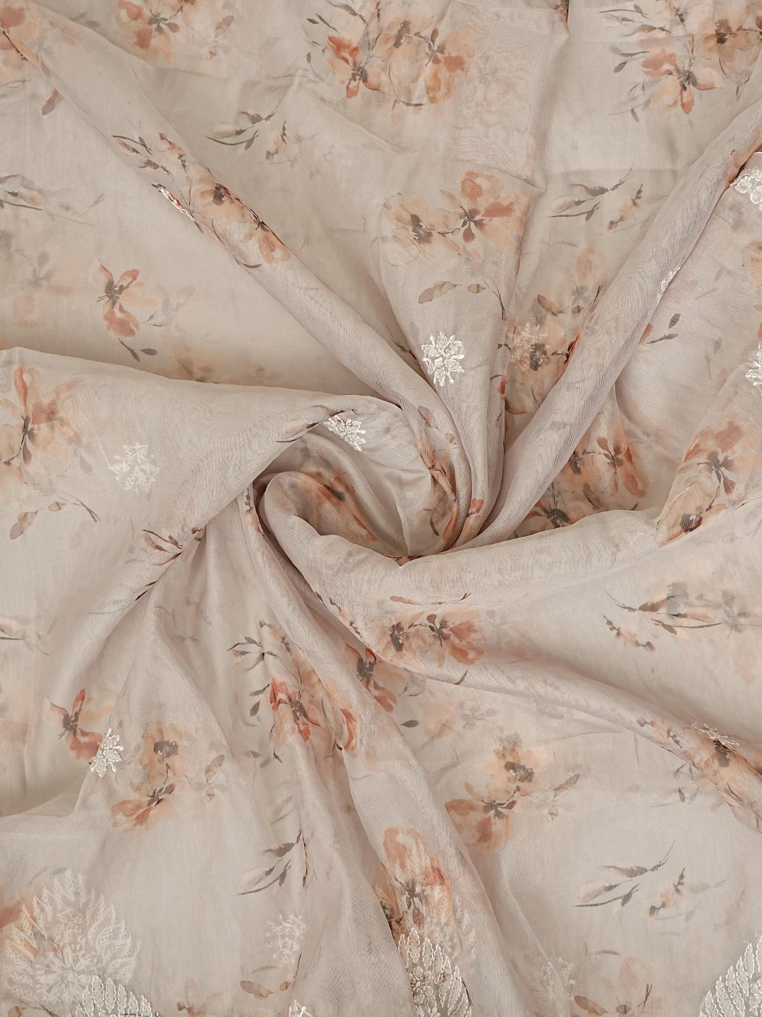 Ada Hand Embroidered Dusty Peach Floral Printed Organza Lucknowi Chikankari Unstitched Kurta Dupatta Set 01A876421