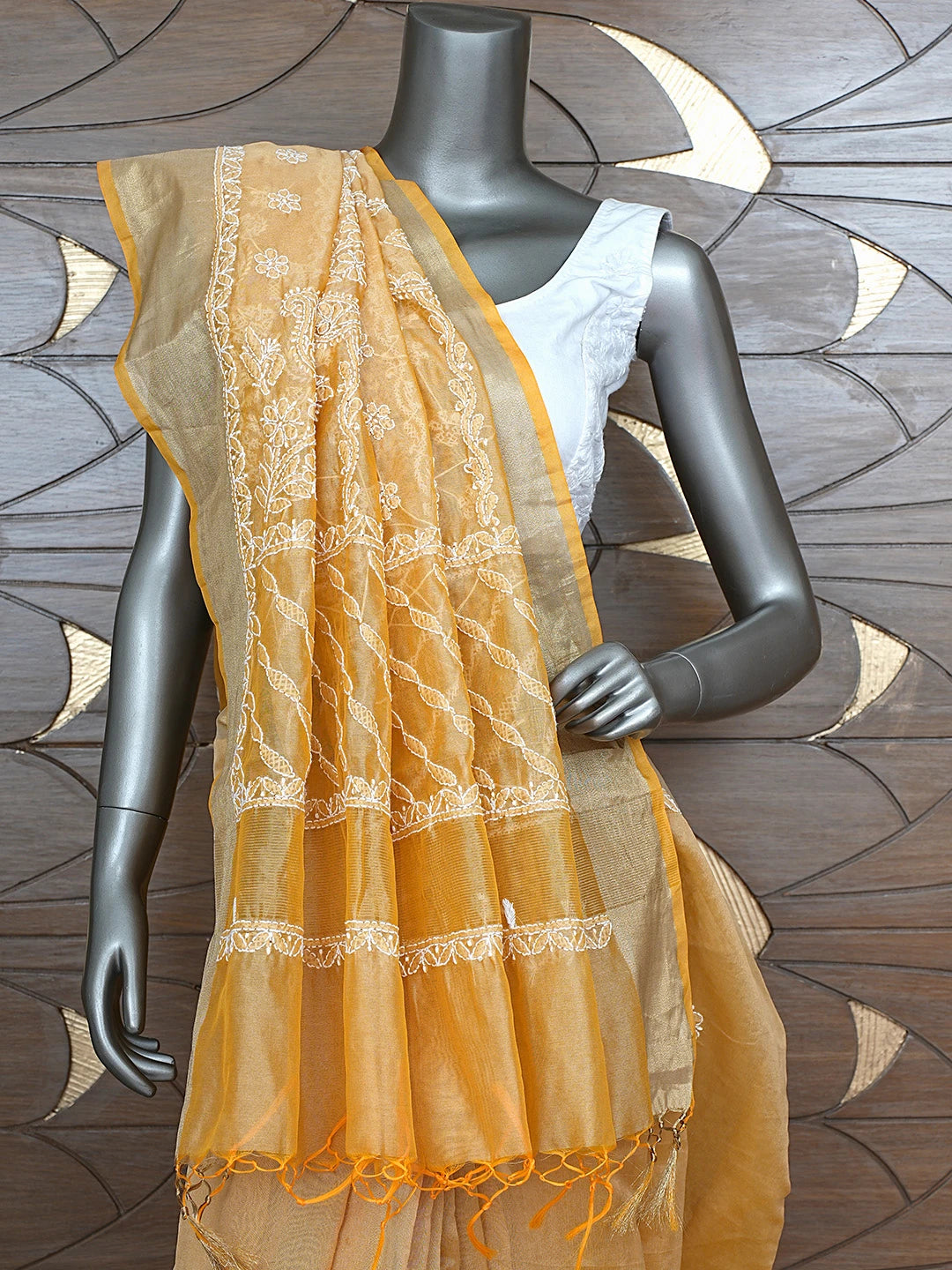 Ada Hand Embroidered Fawn Chanderi Lucknowi Chikankari Saree With Blouse 01A878651