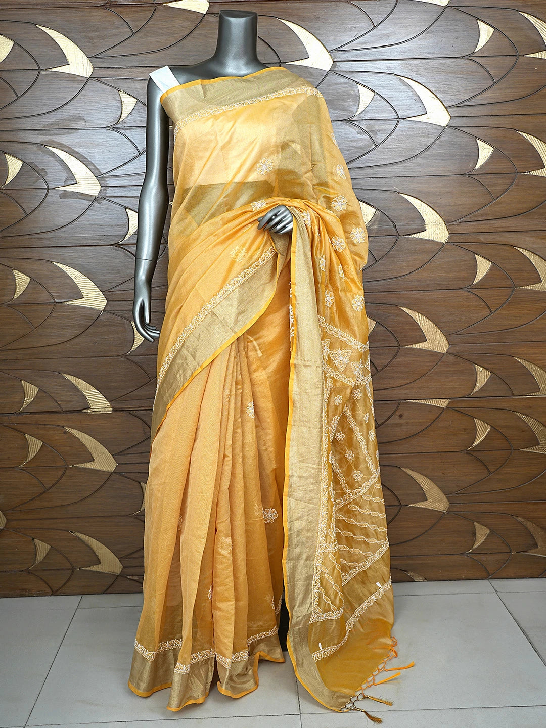 Ada Hand Embroidered Fawn Chanderi Lucknowi Chikankari Saree With Blouse 01A878651