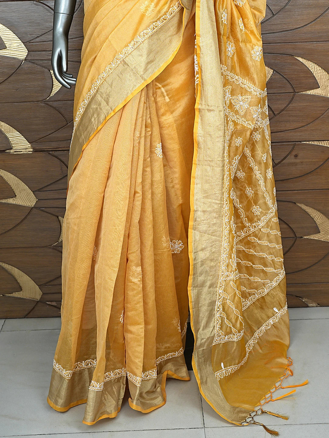Ada Hand Embroidered Fawn Chanderi Lucknowi Chikankari Saree With Blouse 01A878651