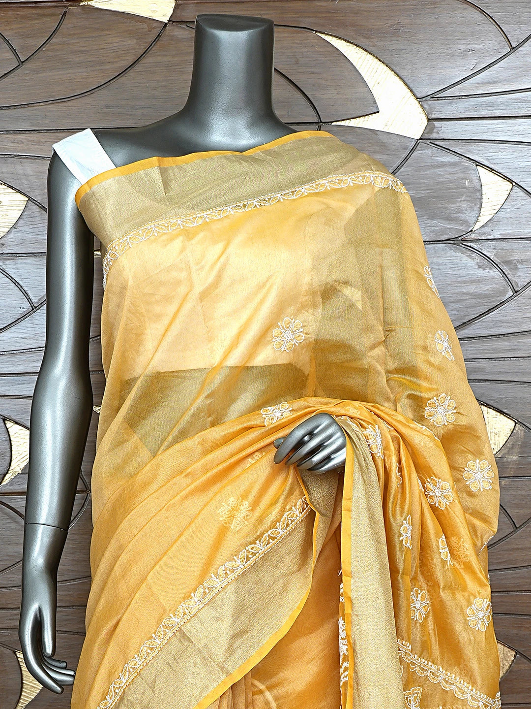 Ada Hand Embroidered Fawn Chanderi Lucknowi Chikankari Saree With Blouse 01A878651